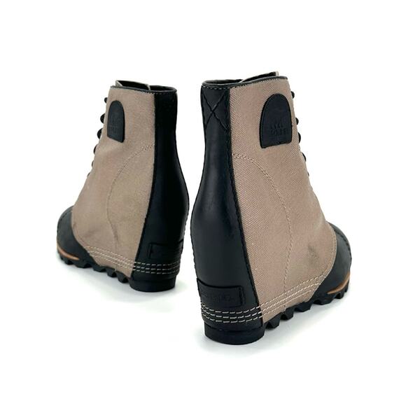 Sorel PDX Black/Tan Wedge Bootie Size 10 Leather/Canvas Waterproof Lace-Up New - Picture 5 of 15